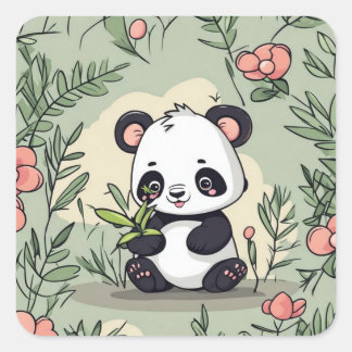 Sticker Carré Ours de panda blanc sur fleurs