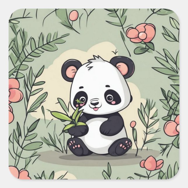 Sticker Carré Ours de panda blanc sur fleurs (Devant)