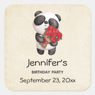 Sticker Carré Ours de Panda mignonne avec bouquet de Rose Enregi