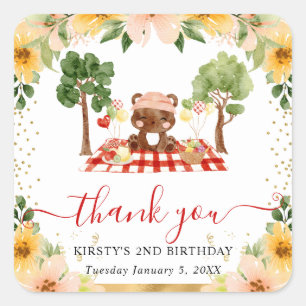 Sticker Carré Ours des bois aquarelle Pique-nique d'anniversaire