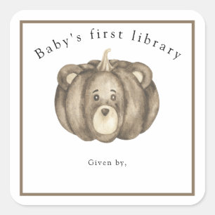 Sticker Carré Ours en citrouille d'automne - première bibliothèq