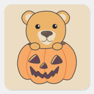 Sticker Carré Ours En Citrouille Doux Ours Joyeux Carré Hallowee