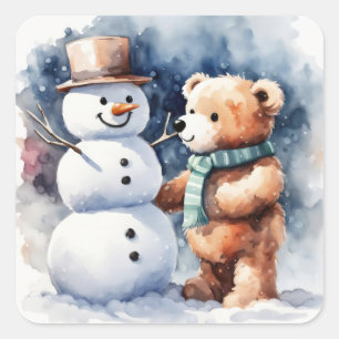 Sticker Carré Ours En Conduite D'Hiver Et Snowman
