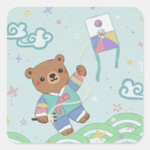 Sticker Carré Ours en peluche à Hanbok : Kite Flying