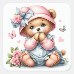Sticker Carré Ours en peluche adorable avec casquette rose et ar