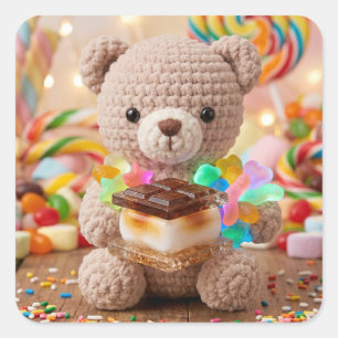 Sticker Carré Ours en peluche au crochet avec Candy Land S'more