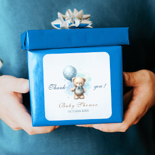 Sticker Carré Ours en peluche avec Ballons Bleus Baby Boy Douche