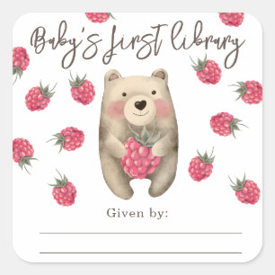 Sticker Carré Ours en peluche avec framboise - la première bibli