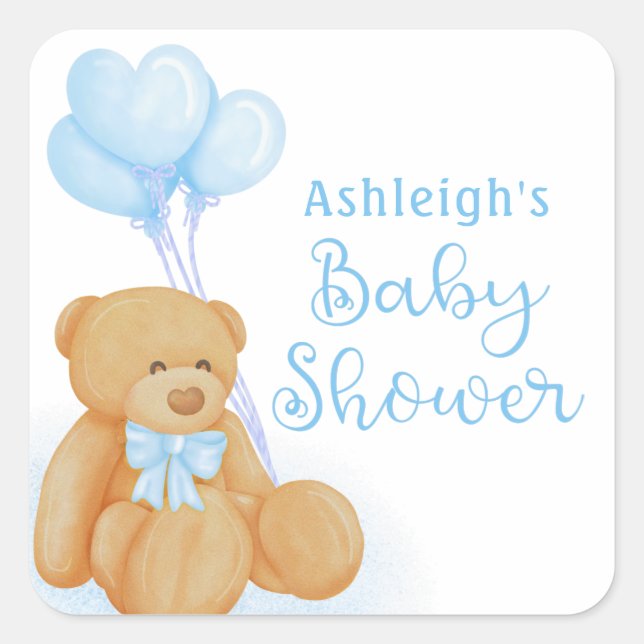 Sticker Carré Ours en peluche Baby Shower Cœur Bleu Ballons (Devant)