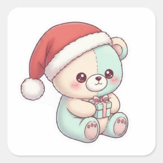 Sticker Carré Ours en peluche de Noël Père Noël 