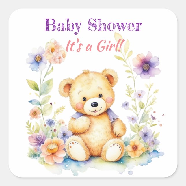Sticker Carré Ours en peluche en fleurs Baby shower de fille (Devant)