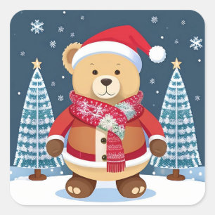 Sticker Carré Ours en peluche festif avec chapeau de Père Noël