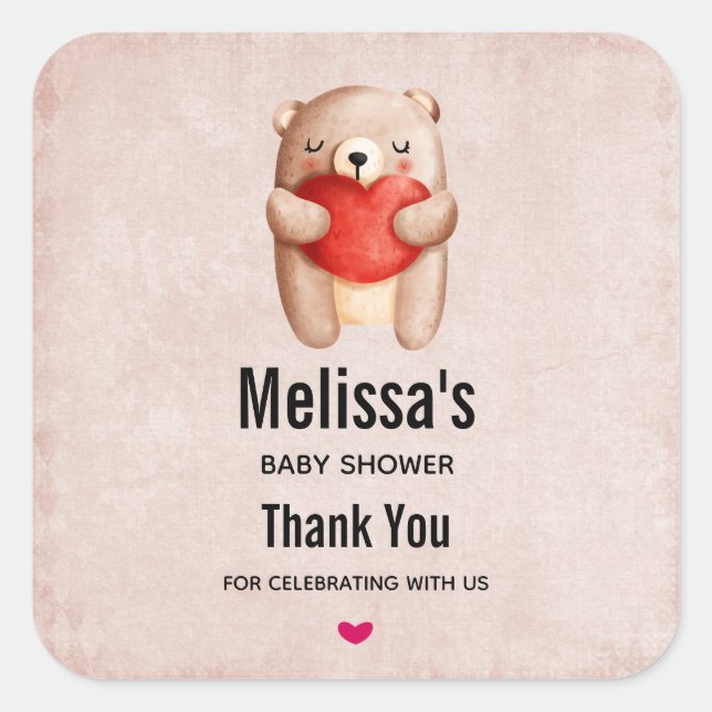 Sticker Carré Ours en peluche mignon portant un Baby shower de c (Devant)