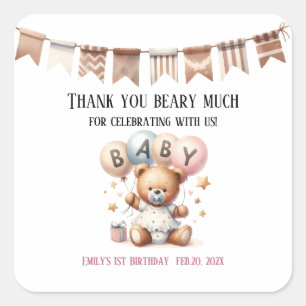 Sticker Carré Ours en peluche mignonne avec ballons et cadeaux