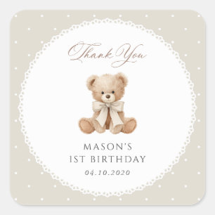 Sticker Carré Ours en peluche, nœud, pois beiges, premier annive