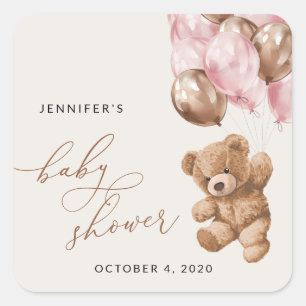 Sticker Carré ours en peluche, ours bébé, ballons roses, Baby sh