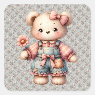 Sticker Carré Ours en peluche pastel tenant une fleur et portant