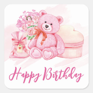 Sticker Carré Ours en peluche rose aquarelle, et cadeaux d'anniv