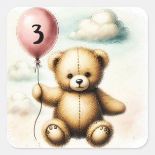 Sticker Carré Ours en peluche rose ballon à peine attendre la Ba