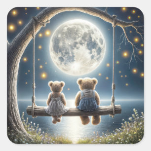 Sticker Carré Ours en peluche sur une balançoire au clair de lun