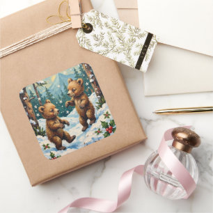 Sticker Carré Ours en peluche vintage jouant dans un Noël enneig