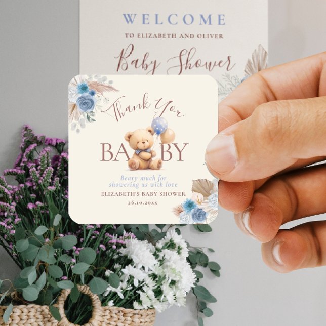Sticker Carré Ours En Teddy Avec Baby shower Rose Bleu Boho Ball (Créateur téléchargé)