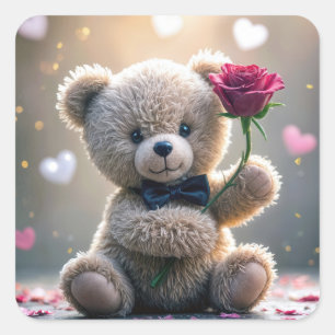 Sticker Carré Ours En Teddy Avec Rose Rouge