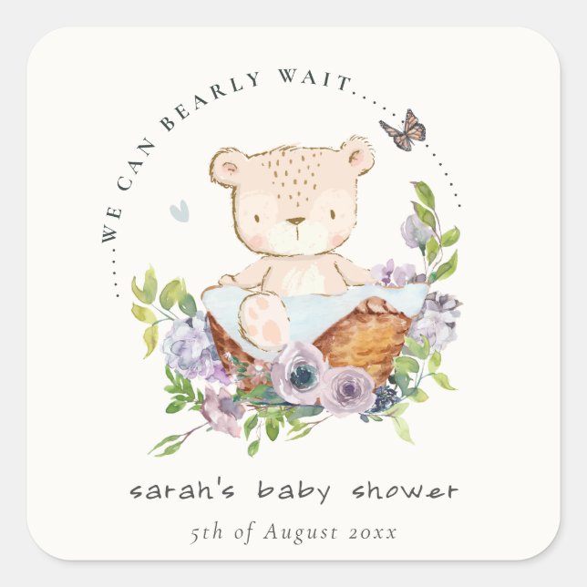 Sticker Carré Ours En Teddy Cute Dans Panier Fleur Baby shower B (Devant)