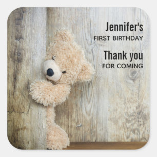 Sticker Carré Ours farci mignon Mur en bois rustique Anniversair