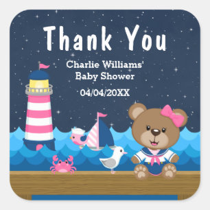 Sticker Carré Ours fille nautique rose Baby Shower Merci
