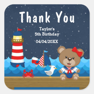 Sticker Carré Ours fille nautique rouge anniversaire merci