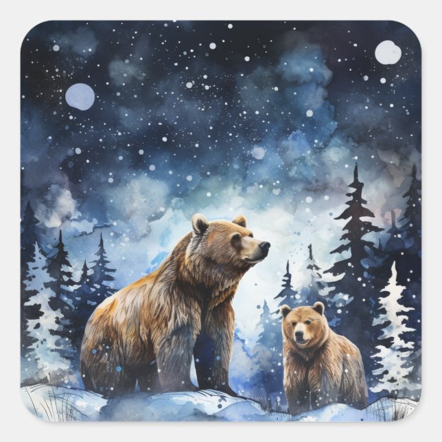 Sticker Carré Ours Grizzly et bébé (Devant)