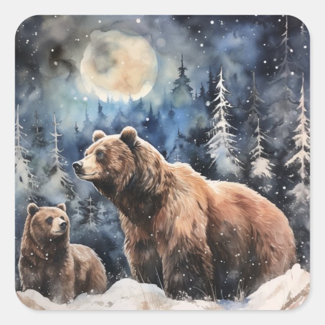 Sticker Carré Ours Grizzly et bébé (Devant)