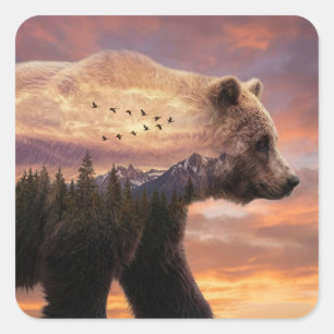 Sticker Carré Ours grizzly et montagnes en double exposition