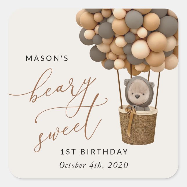 Sticker Carré Ours mignon, Ballons Brown, Premier anniversaire (Devant)