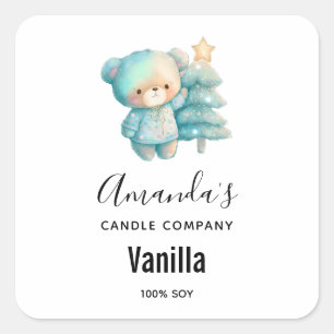 Sticker Carré Ours mignon et sapin de Noël - Bougies