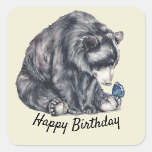 Sticker Carré Ours noir et papillon Joyeux anniversaire