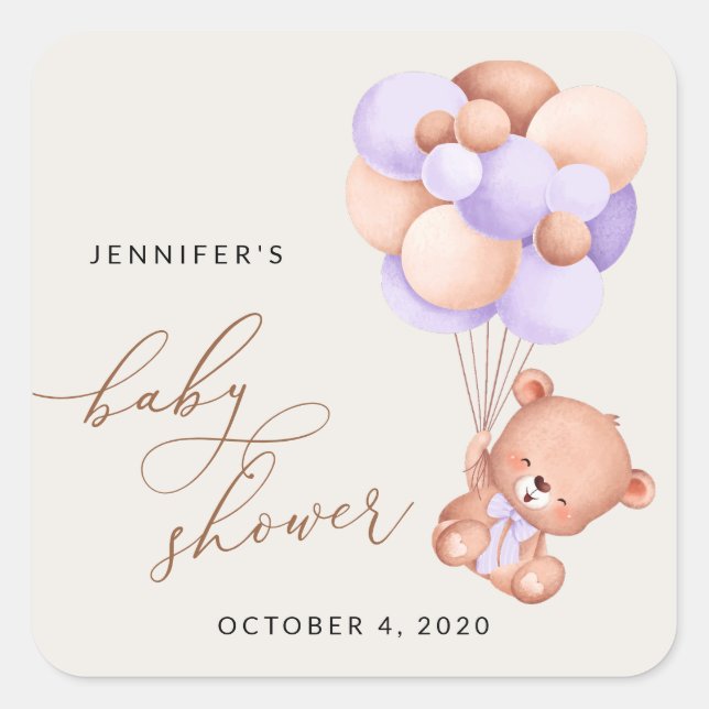 Sticker Carré Ours, Ours mignon, Ballons pourpres, Baby shower (Devant)