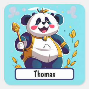 Sticker Carré Ours Panda Cute Avec Nametag Personnalisable