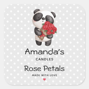 Sticker Carré Ours Panda mignonne avec bouquet de Rose bouquet b