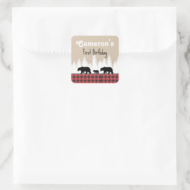 Sticker Carré Ours Plaid Fête d'anniversaire (Sac)