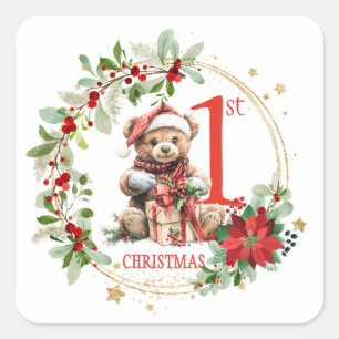 Sticker Carré Ours Poinsettia Foliage Baby's First Christmas