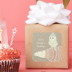 Sticker Carré Ours polaire Chouette Casquettes et pulls Étoiles