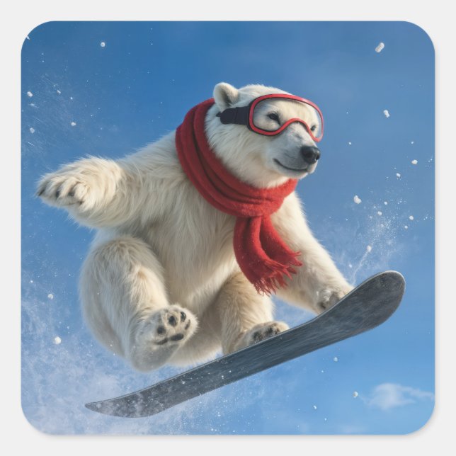 Sticker Carré Ours polaire en plein vol sur un snowboard (Devant)