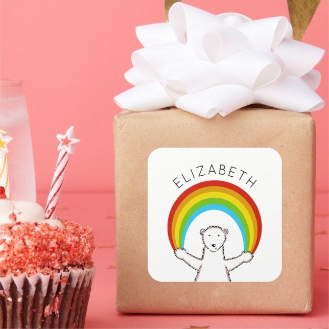 Sticker Carré Ours polaire et arc en ciel personnalisés (Fête)