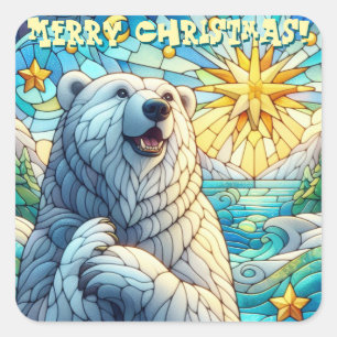 Sticker Carré Ours polaire fantaisiste reconnaissant Faux vitrai