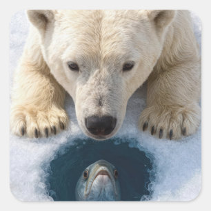 Sticker Carré Ours polaire fixant un poisson