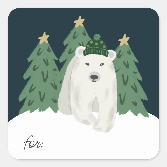 Sticker Carré Ours polaire mignon et arbres de Noël Cadeau (Devant)