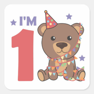 Sticker Carré Ours Pour Le Premier Anniversaire Pour Les Enfants