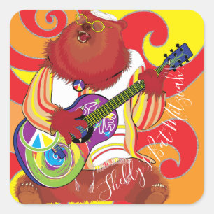 Sticker Carré Ours qui chante Bar Bat Mitzvah Hippie